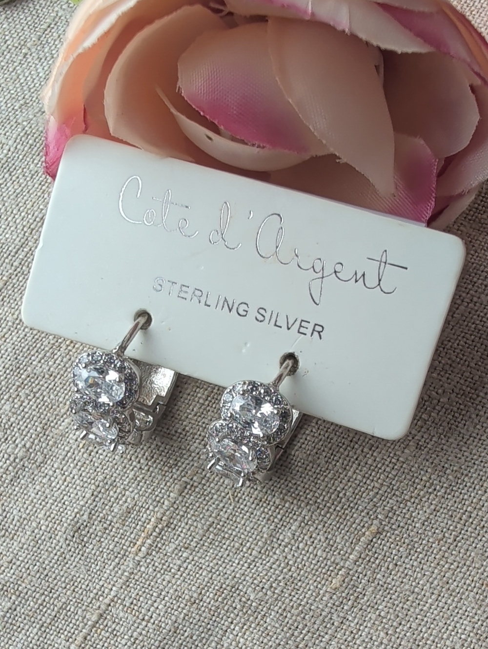 Côte d’Argent Sterling Silver CZ Huggie Hoop Earrings Vintage Bridal Sparkle